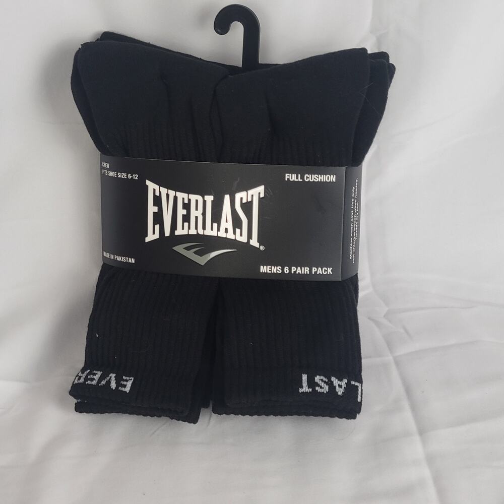 Everlast Black Socks 6 pair socks size 6-12 Full Cushion Black Free Shipping